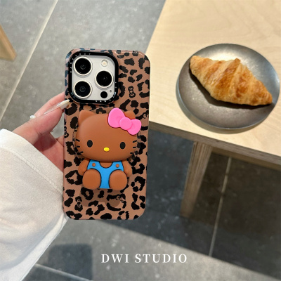 复古豹纹黑皮Kitty磁吸支架壳