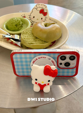 DWI STUDIO韩系红蓝撞色格子立体Kitty磁吸支架手机壳16promax/14适用于苹果15pro/17promax双层印花壳13