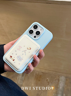 DWI STUDIO韩系奶蓝色腊肠小狗磁吸卡包手机壳17promax/14适用苹果15pro/15promax/13新款iPhone16液态硅胶壳