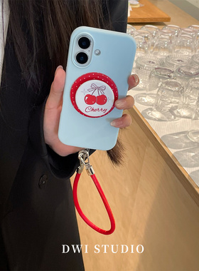 DWI STUDIO简约ins红蓝樱桃挂绳磁吸支架手机壳16promax/14适用苹果15pro/17promax/13新款iPhone16液态壳