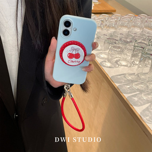 DWI STUDIO简约ins红蓝樱桃挂绳磁吸支架手机壳16promax/14适用苹果15pro/17promax/13新款iPhone16液态壳