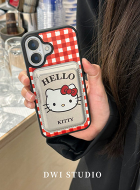 DWI STUDIO磁吸红色Kitty插卡格纹手机壳16promax/14适用苹果15pro/17promax新款iPhone16磨砂黑边壳17pro
