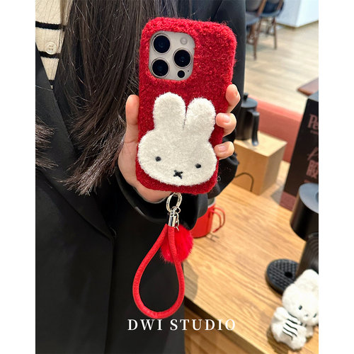 新年圣诞红毛绒米菲兔挂绳手机壳