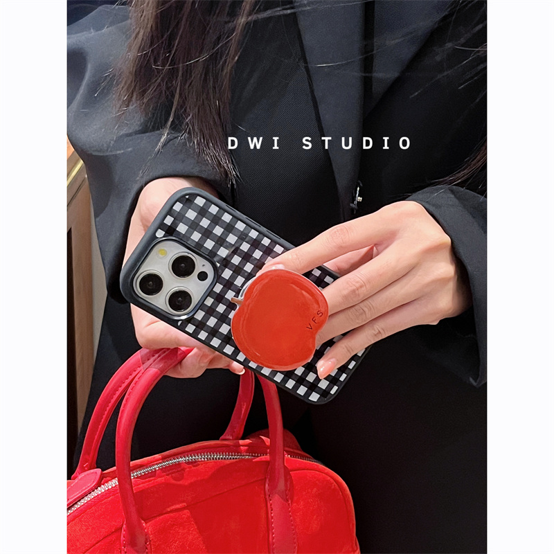 简约黑白格子红苹果支架手机壳