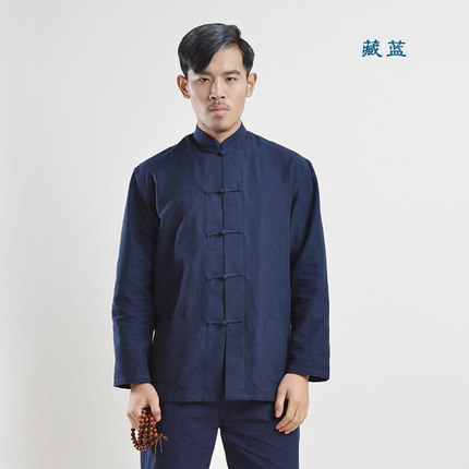纯棉粗布中式唐装男春秋款长袖衬衫中老年民族中国风宽松休闲男装