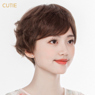娇滴滴整顶妈妈假发套斜刘海手织顶心短直发女真人发丝微卷短发OL