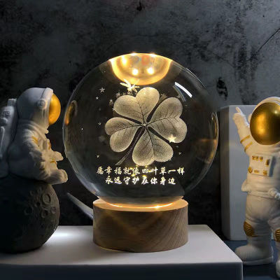 发光水晶球小夜灯摆件实木