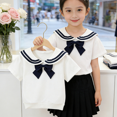 高档女童夏季短袖上衣纯棉儿童小女孩蝴蝶结白色百搭学院风T恤薄7