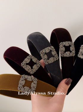 高货~纯色丝绒方钻发箍 高级感韩版头箍  很舒服的复古发卡发饰