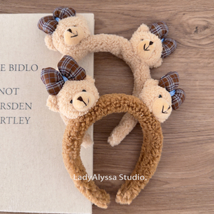 咖蓝格子蝴蝶结 毛绒绒小熊发箍 手感舒适柔软洗脸居家洗脸压发