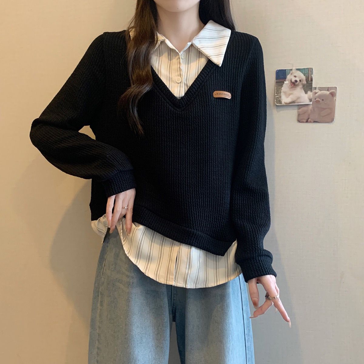 大码春秋新款韩版mm宽松显瘦假两件长袖女装卫衣条纹衬衫拼接上衣