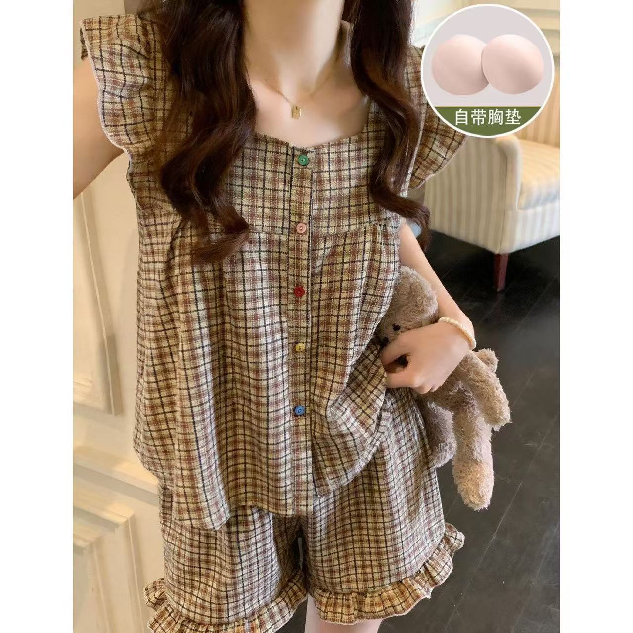韩版复古格纹睡带胸垫衣女款夏季飞飞袖高级感背心短裤家居服套装