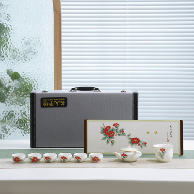 骨质瓷手绘快客杯功夫茶具套装家用盖碗月白户外旅行便携包唐山产