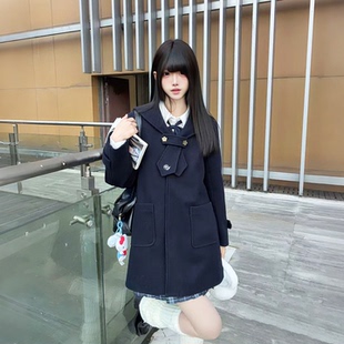 学院风毛呢外套女原创小个子秋冬保暖夹棉加厚中长款浓绀色jk大衣