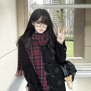 原创jk毛呢大衣学院风秋冬季制服女装中长款连帽小个子牛角扣外套