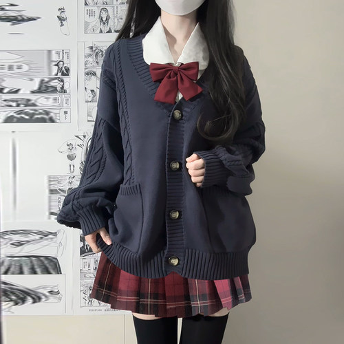 JK红色学院风开衫毛衣宽松外套女