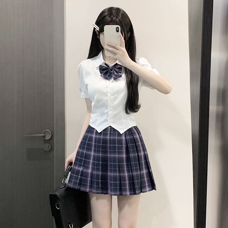 JK制服女原创学院风裙子套装春秋季白色修身辣妹上衣收腰长袖衬衫
