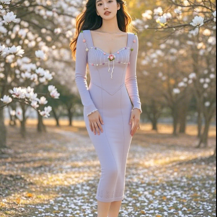 Knitfree法式小众复古设计感重工手钩手绣紫色花收藏款修身连衣裙