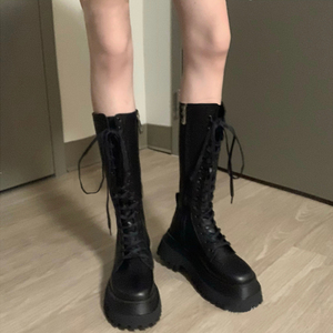 牛皮版~小个子真皮厚底骑士靴女秋冬松糕底长筒靴高筒靴马丁长靴