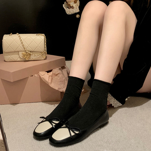 牛皮版~复古风拼色真皮玛丽珍单鞋女蝴蝶结方头平底鞋小皮鞋瓢鞋
