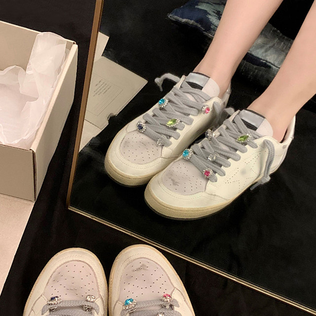 羊皮版~复古脏脏鞋平底彩钻休闲小白鞋拼色星星板鞋春秋真皮单鞋