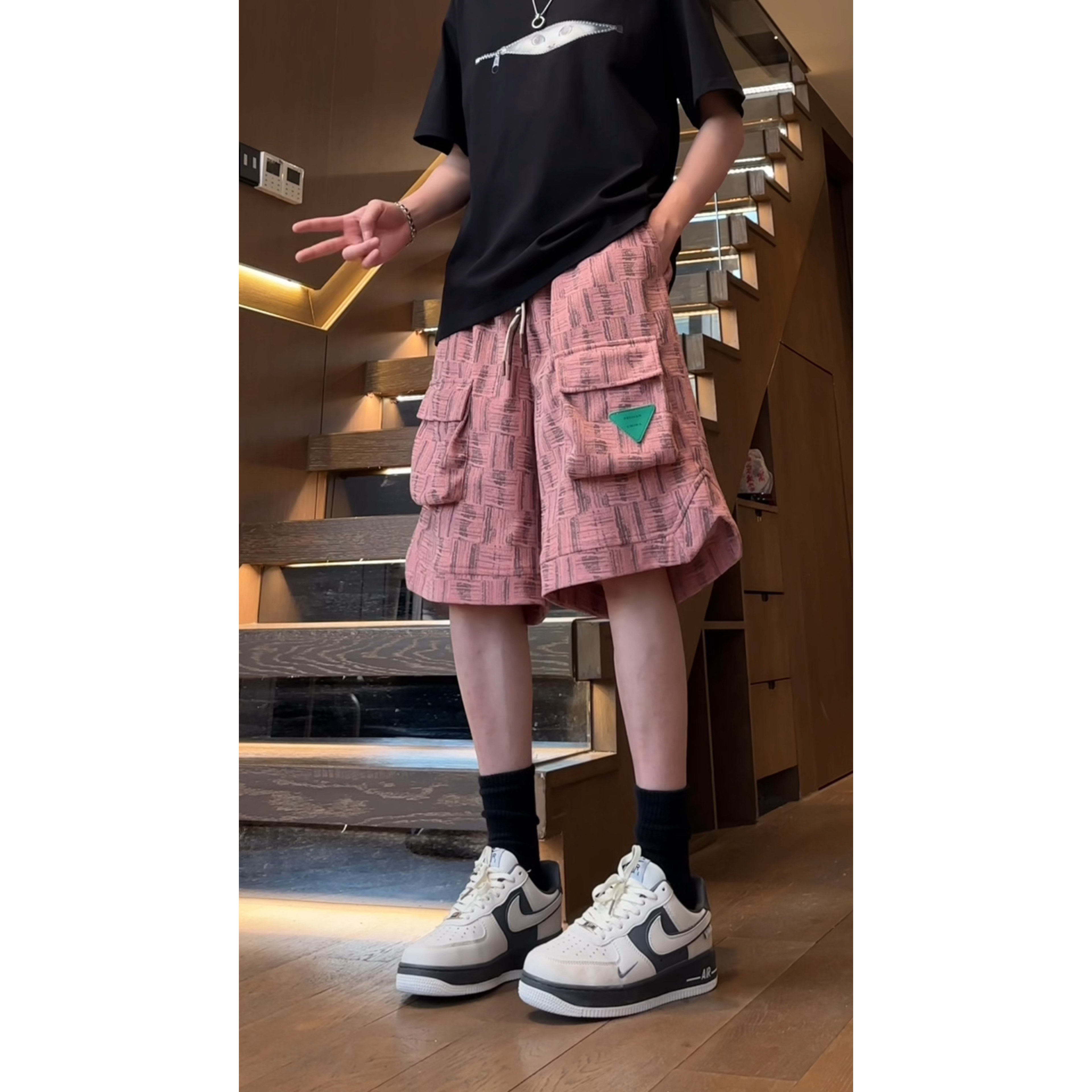 大口袋休闲短裤男夏外穿2025新款潮流痞帅宽松青少年五分中裤潮牌,男装牛仔裤,电商A107