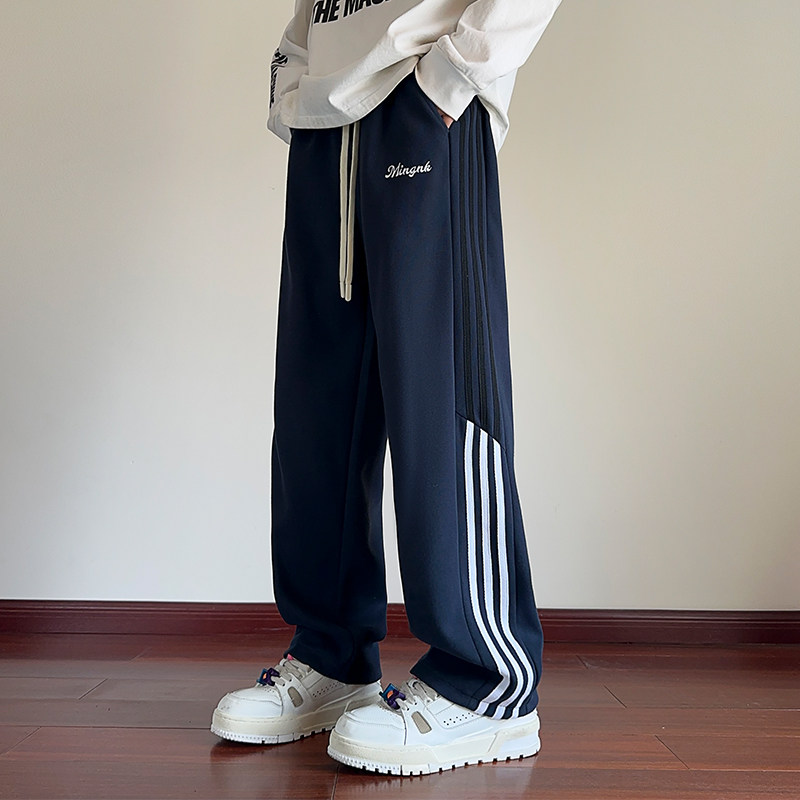藏青色条纹加绒裤子男秋冬青少年潮牌重磅运动卫裤宽松直筒休闲裤,男装休闲裤,电商A107