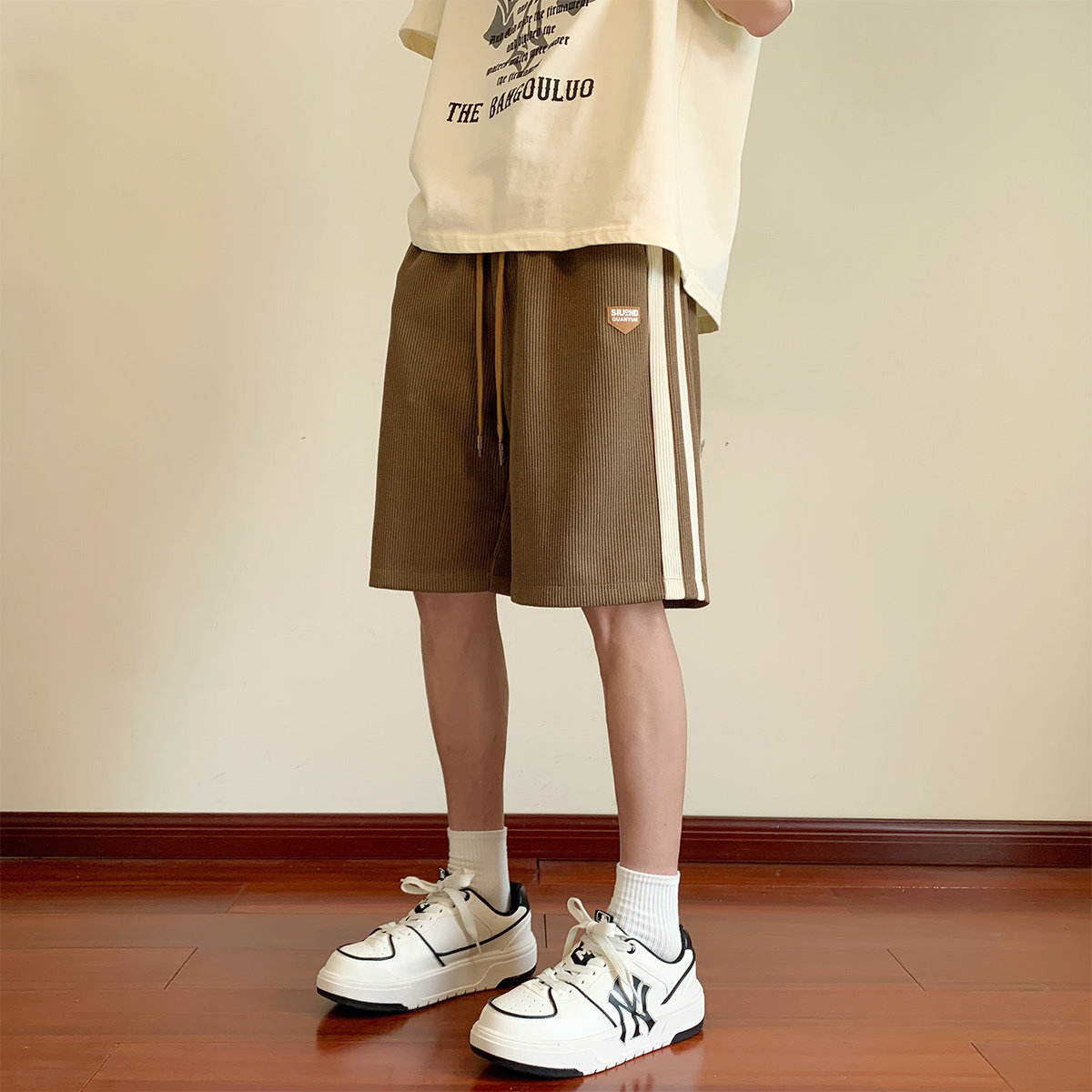 短裤男夏季高街撞色织带条纹直筒运动裤子潮牌宽松直筒休闲五分裤,男装牛仔裤,电商A107