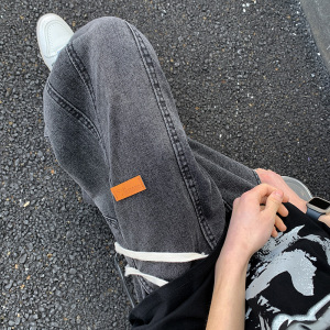 解构斜切微喇牛仔裤男夏季美式潮牌复古阔腿裤高腰提档直筒长裤子图片