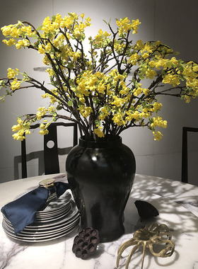 新中式黑色陶瓷花艺轻奢现代仿真黄色樱花套装餐桌玄关家居摆件