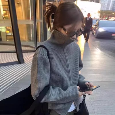 双拉链高领山羊绒针织开衫女