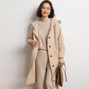 女加厚针织大衣带帽子宽松慵懒风毛衣长袖 重磅连帽山羊绒帽衫 外套