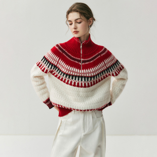 复古提花!高领半拉链山羊绒衫女2025秋冬新款宽松羊毛针织毛衣