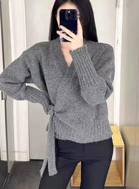 极简con风！灰色V领山羊绒衫女系带针织开衫毛衣2025春季新款女装