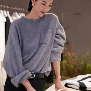 大表姐同款  松弛感山羊绒衫女圆领宽松慵懒风针织衫廓形打底毛衣