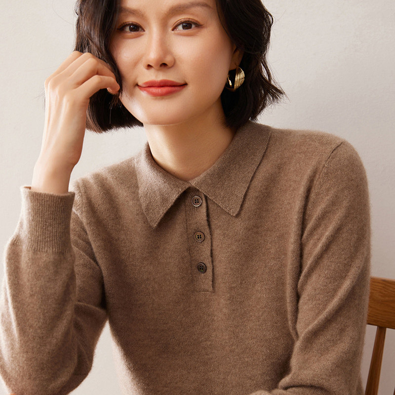 简约风！POLO领山羊绒衫女宽松