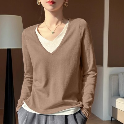 早春新款精纺超细羊毛针织衫女V领撞色假两件毛衣宽松薄款打底衫