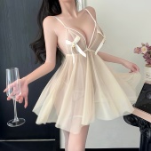 喵：摇铃仙子 性感透明网纱睡衣小胸纯欲蝴蝶结铃铛吊带睡裙薄款