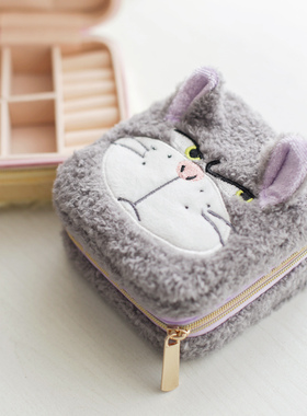 日系 可爱灰色猫帽子狗软绵绵首饰盒 便捷式戒指旅行小巧收纳盒
