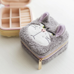 日系 可爱灰色猫帽子狗软绵绵首饰盒 便捷式戒指旅行小巧收纳盒