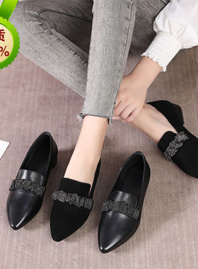 真皮尖头粗跟低跟单鞋女31 32 33小码小脚女鞋软底平底大码春秋鞋