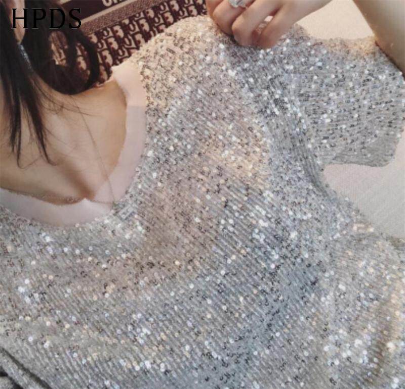 闪闪惹人爱T恤 宽松人鱼亮片短袖圆领上衣女潮blingbling雪纺内里