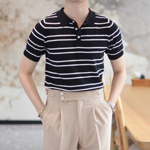 休闲带领冰丝半袖 针织polo衫 男修身 潮 T恤衫 经典 夏装 百搭条纹短袖
