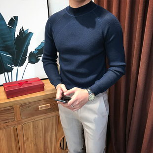 男装 帅气百搭打底针织线衫 秋冬纯色半高领毛衣男士 韩版 潮 修身 厚款