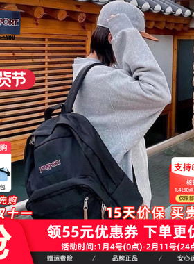 机场同款JanSport双肩背包暮光复古女经典黑男大学生书包皮革4QVA