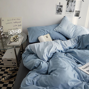 ins纯色双拼全棉床上四件套纯棉磨毛撞色宿舍床单被套床笠三件套4