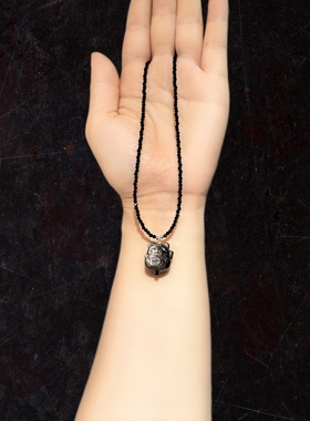 15m银曜石招财猫配2m黑尖晶吊坠项链锁骨链