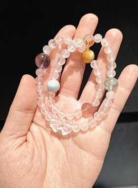 6m粉晶蝴蝶结配白水紫水虎眼草莓晶海蓝宝黄塔晶双圈手串