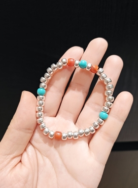 6ms925纯银直切珠配菱镁矿南红玛瑙手串手链约16.4g