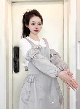 姜妍同款围裙灰色米色蝴蝶结工作服美甲烘培漂亮可爱罩衣